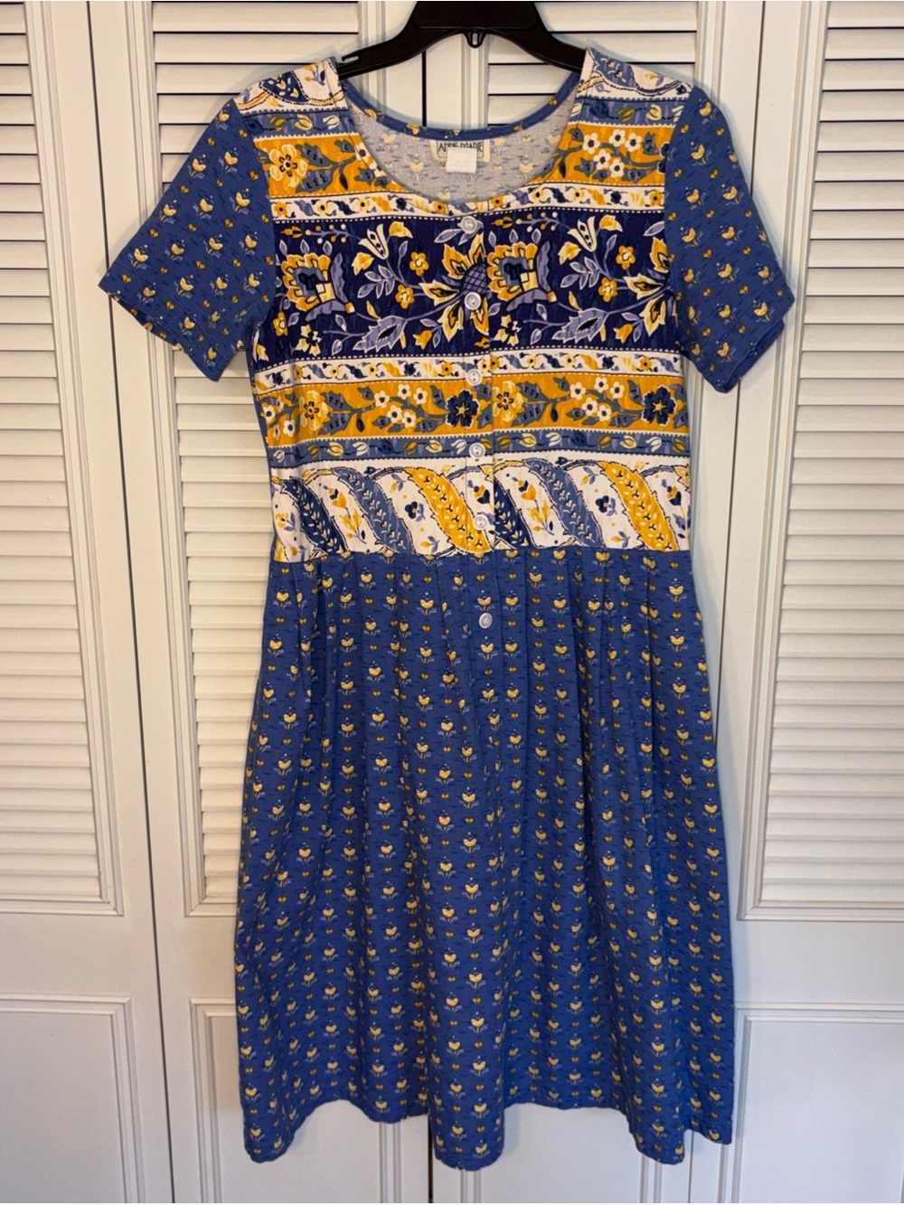 VTG Anne Marie Cotton Floral Midi Dress Blue Yellow Cottage Prairie Pockets Sz M